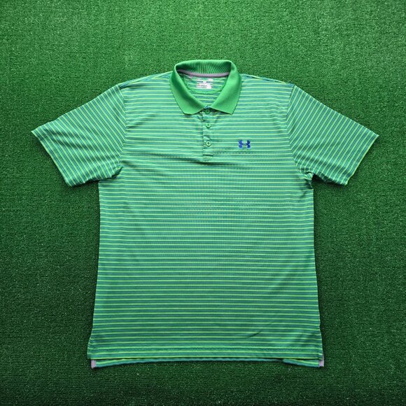 Under Armour Polo Shirt Mens Large Green Striped Golf Club Performance Heat Gear - Picture 1 of 8